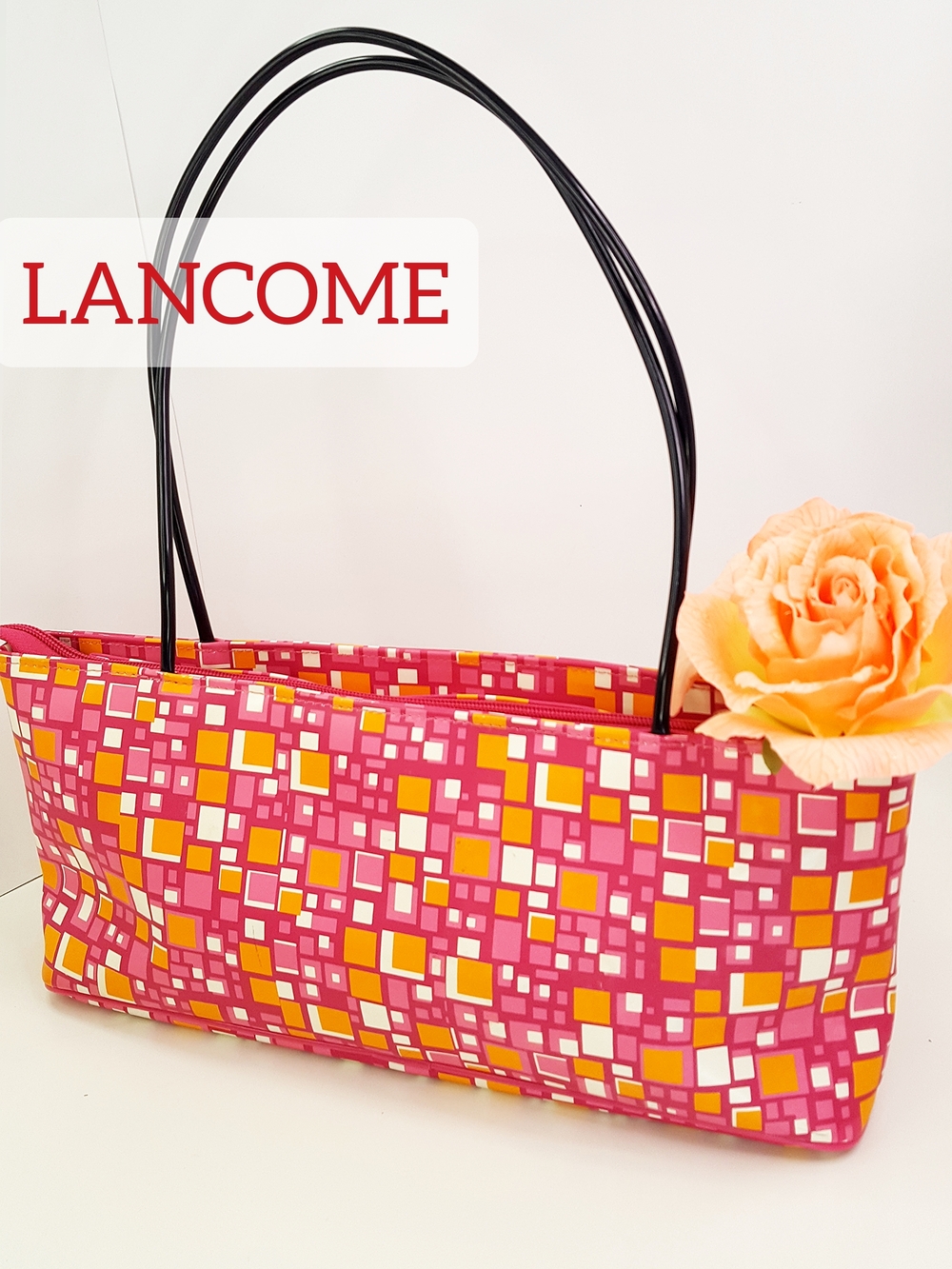Vintage Lancome🍉Multicolor Geo Shoulder Tote Bag☆Cosmetic Bag|Staud Handle